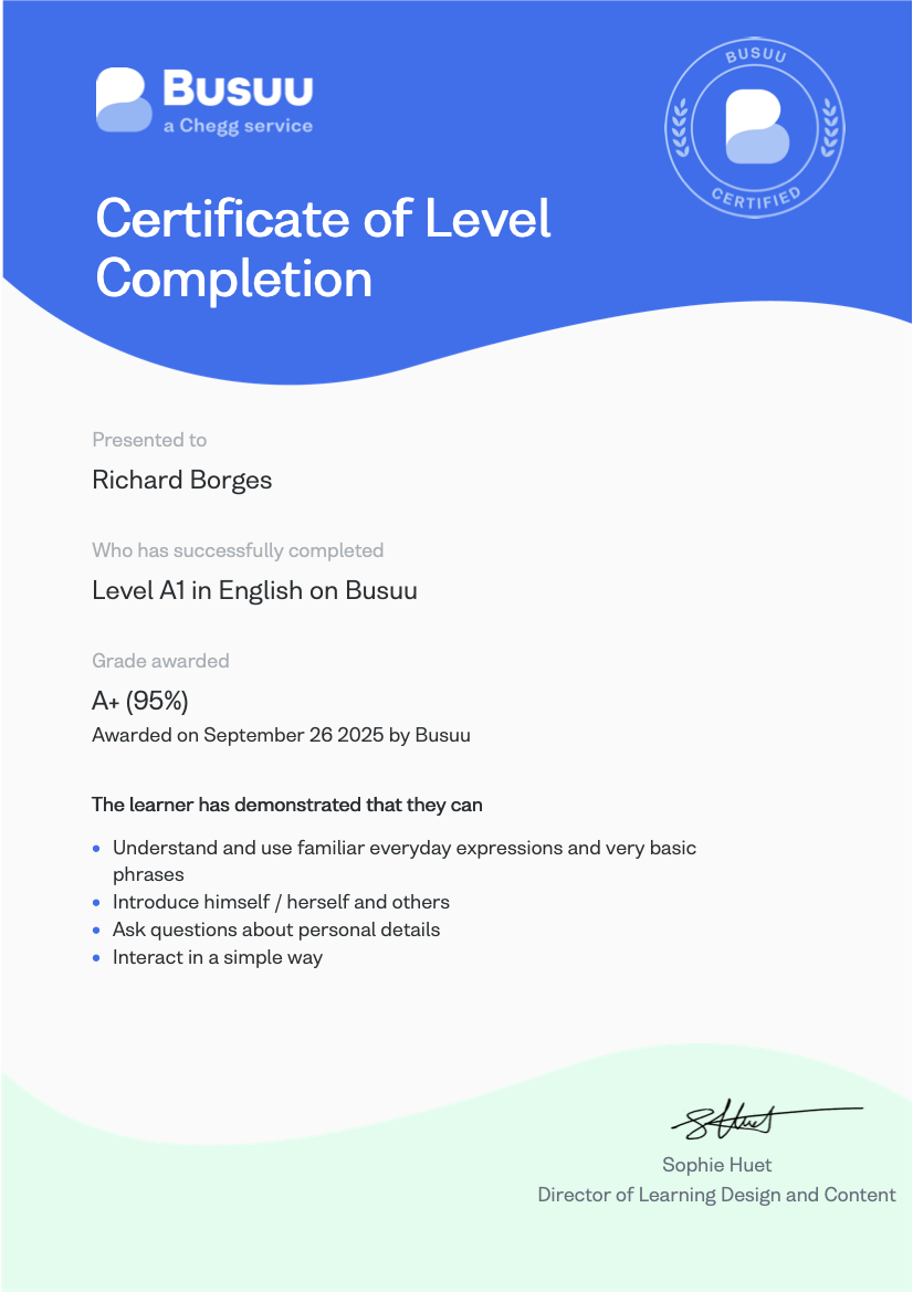 Busuu A1 certificate